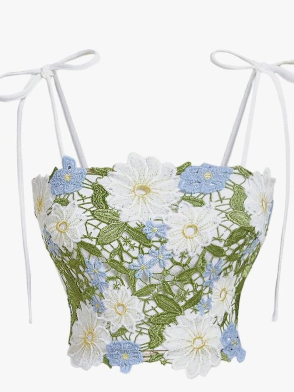 Women's floral daisy-print bohemian crop top with tie-front, Spaghetti straps 3D